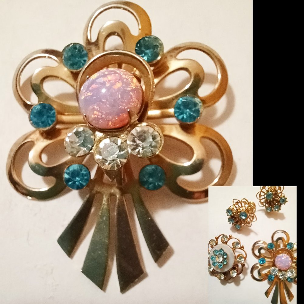 New 4 Pc Lot AQUA CLEAR Rhinestone Pendant Earrings Pin Fancy Filigree Setting